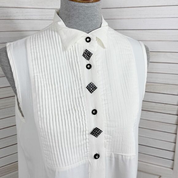 Vintage 80s Renaissance Pleated Sleeveless White Button Up Blouse White Medium - Picture 5 of 11